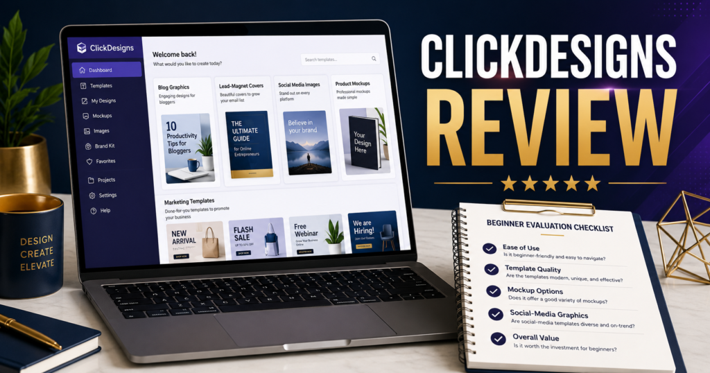 Beginner evaluating ClickDesigns for creating blog graphics, social-media images, lead-magnet covers, and digital-product visuals.