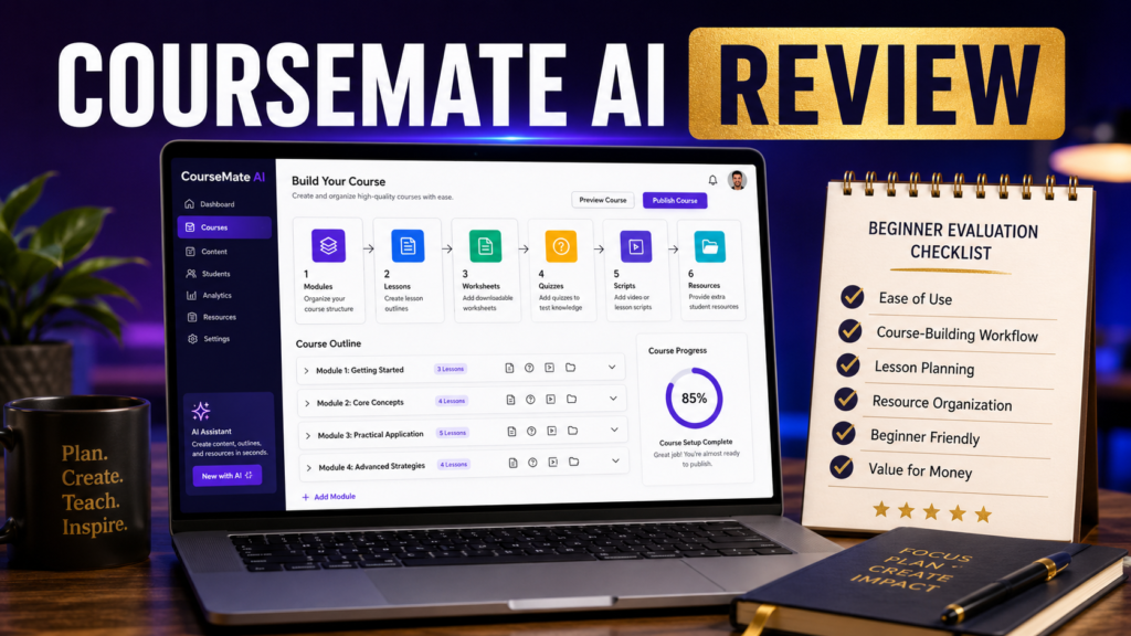 Online-business owner evaluating CourseMate AI for planning course modules, lessons, worksheets, scripts, and student resources.