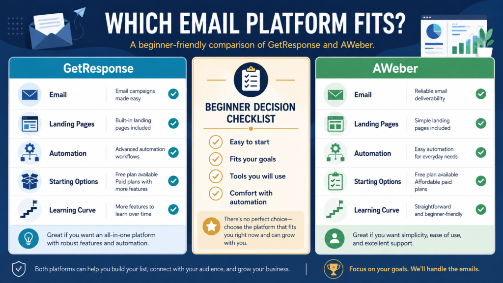 Beginner comparison of GetResponse and AWeber across email, landing pages, automation, starting options, and learning curve.