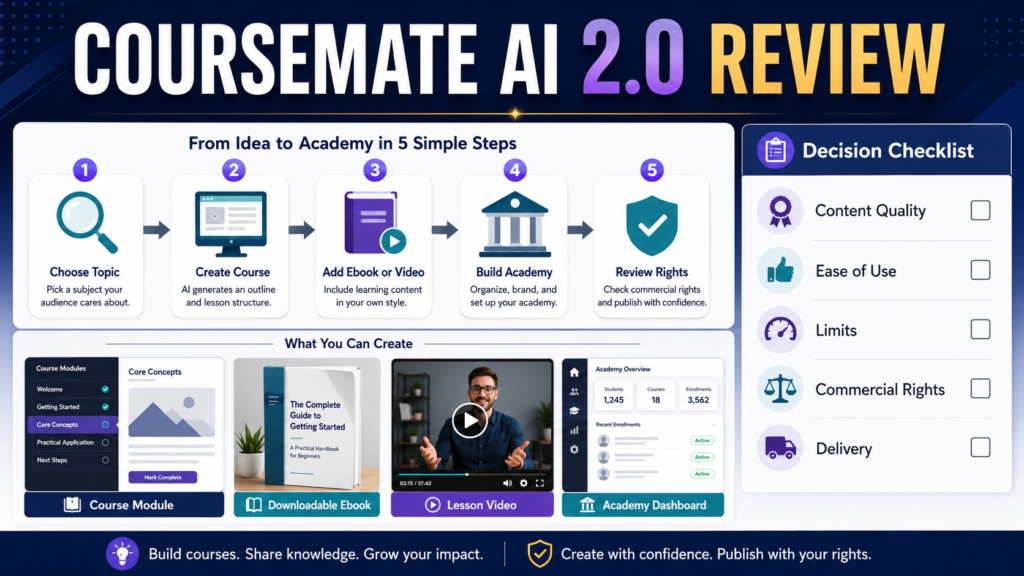 Beginner evaluating CourseMate AI 2.0 for creating courses, ebooks, videos, and online academies.