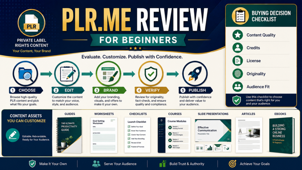 Beginner evaluating private-label-rights guides, worksheets, courses, articles, and ebooks for editing, branding, and publishing.