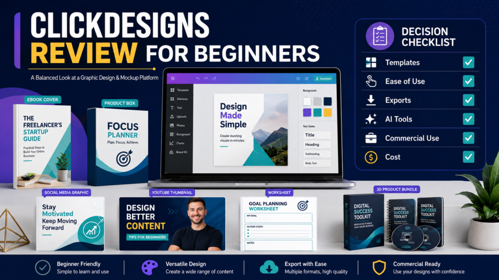 Beginner evaluating graphic-design software for ebook covers, product mockups, thumbnails, worksheets, and social-media graphics.