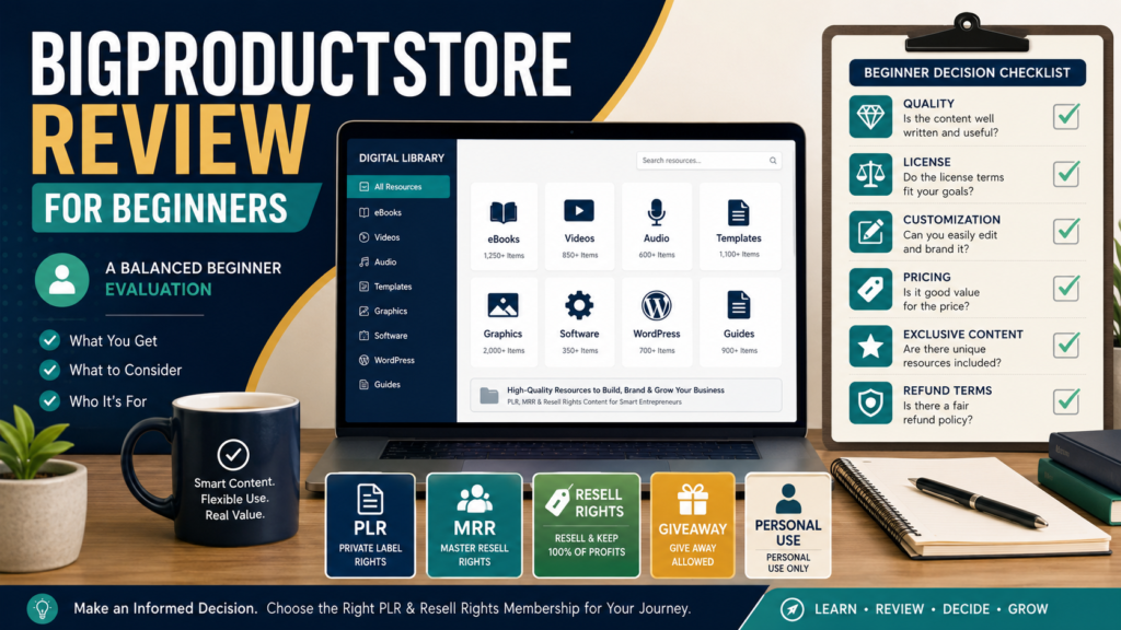 Beginner evaluating a PLR library containing ebooks, videos, audio, templates, graphics, software, and several license types.
