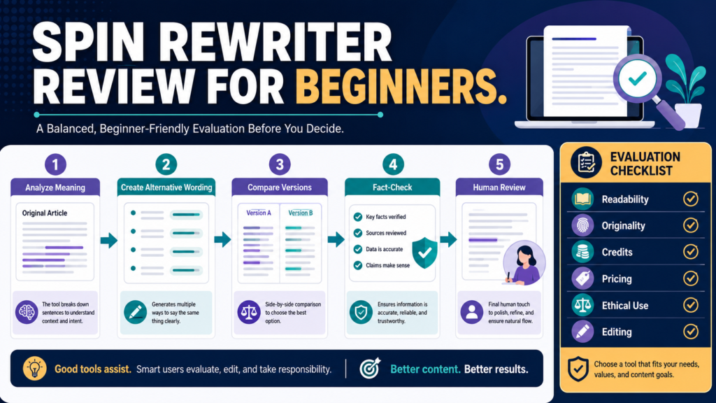 Beginner evaluating article-rewriting software for alternative wording, version comparison, fact-checking, and human editing.