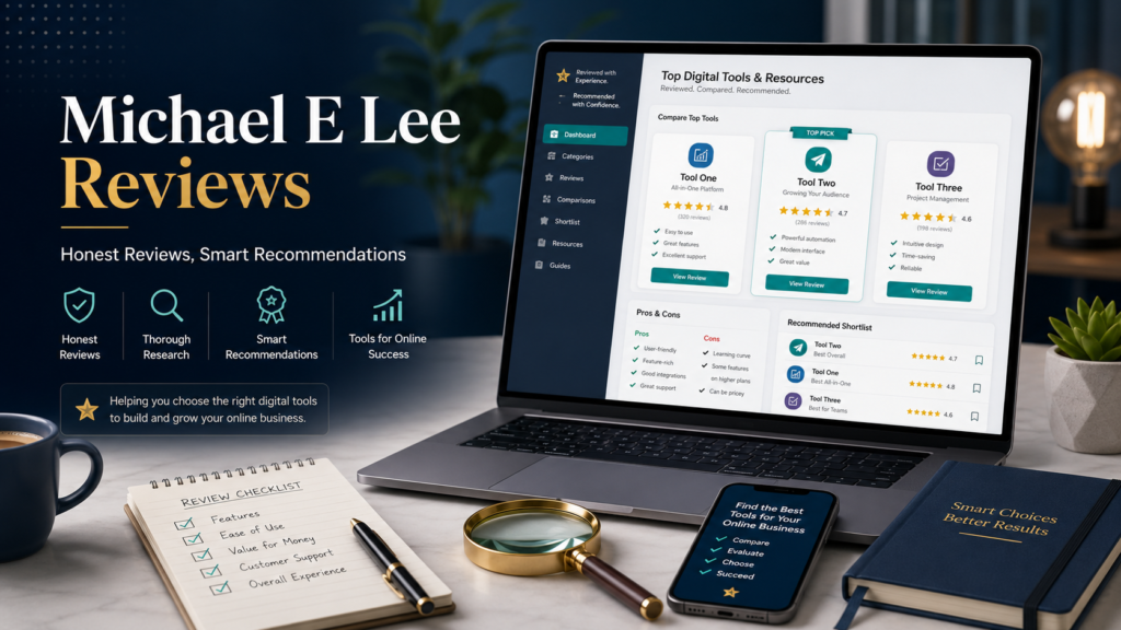 Michael E Lee Reviews homepage image featuring a laptop with digital tool comparisons, star ratings, review checklists, and online business resources.