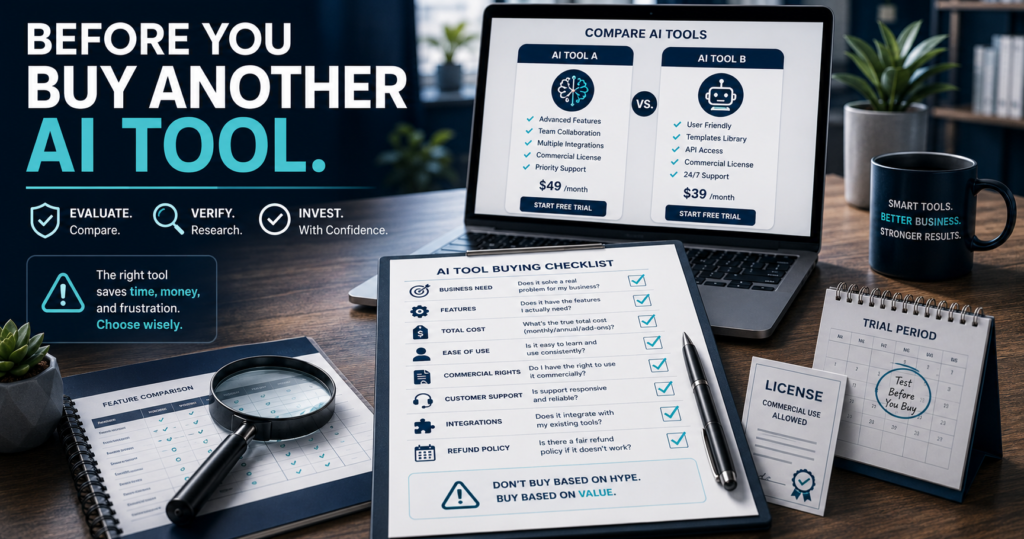 Online-business owner comparing two AI software tools with a detailed purchasing checklist before buying.