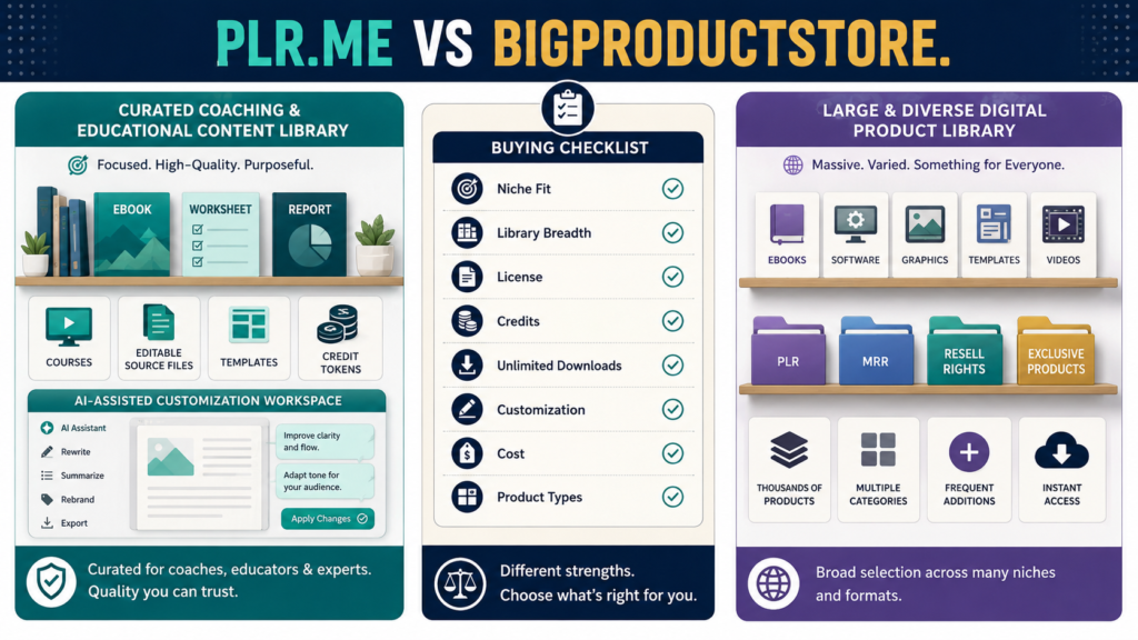 Creator comparing PLR.me and BigProductStore according to content specialization, product variety, licensing, credits, downloads, customization, and cost.