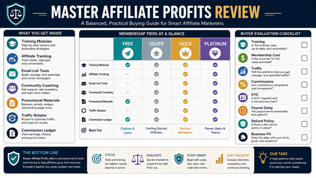 Affiliate marketer evaluating Master Affiliate Profits membership levels, training, traffic, commissions, verification, payout rules, and costs.
