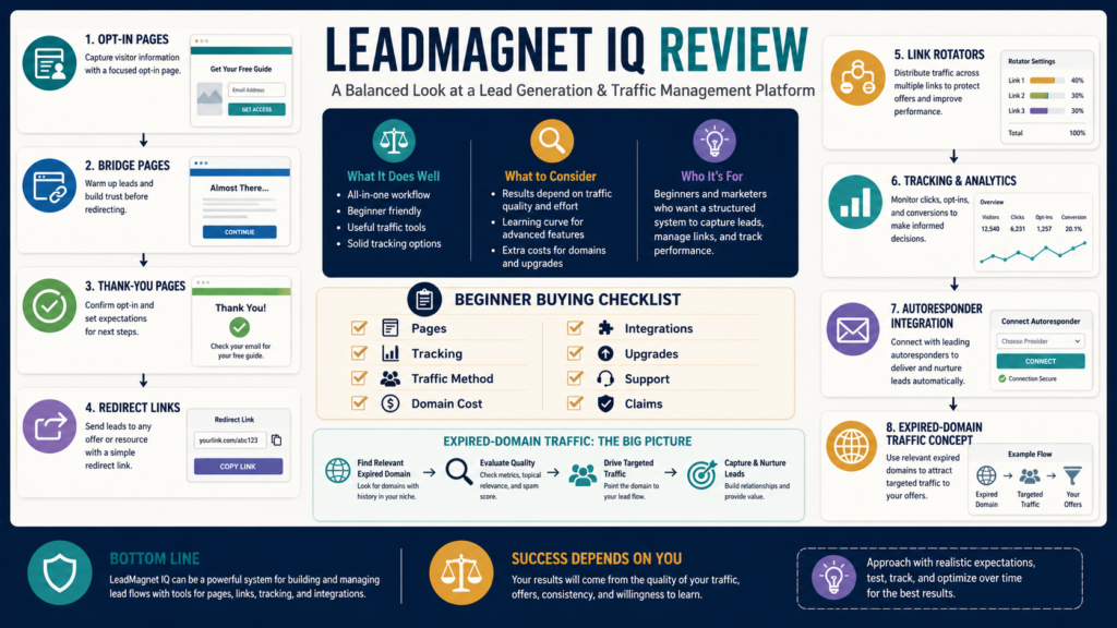 Beginner evaluating LeadMagnet IQ opt-in pages, bridge pages, tracking, rotators, traffic methods, integrations, pricing, and upgrades.