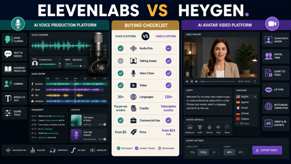 Creator comparing ElevenLabs and HeyGen for AI voice cloning, narration, audiobooks, talking avatars, multilingual video, and content production.