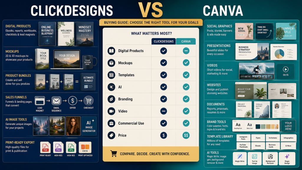 Digital-product creator comparing ClickDesigns and Canva for ebook covers, mockups, templates, AI tools, branding, video, and commercial design work.
