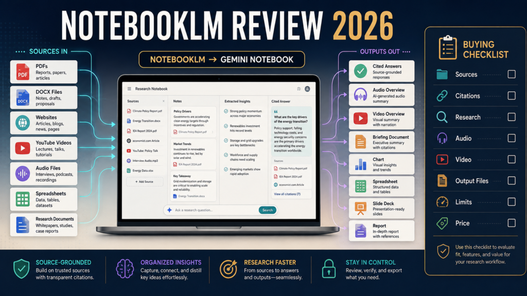 Creator evaluating NotebookLM, now Gemini Notebook, for source-grounded research, citations, audio, video, documents, spreadsheets, and reports.