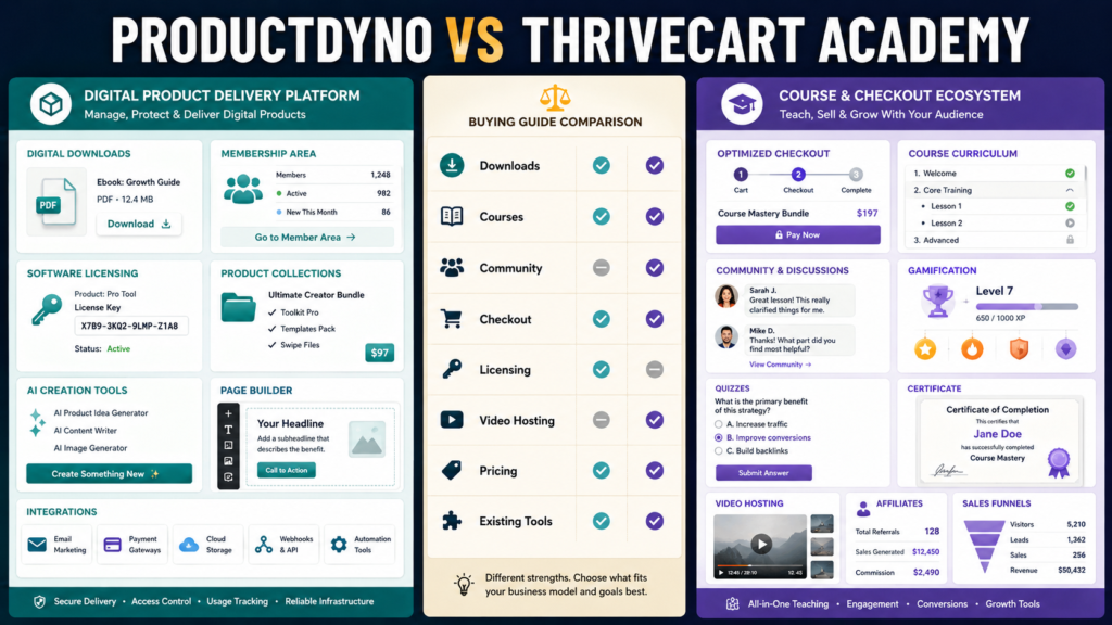 Digital product creator comparing ProductDyno and ThriveCart Academy for downloads, courses, memberships, community, checkout, licensing, and pricing.