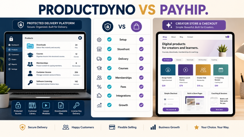 Comparison of ProductDyno-style secure digital-product delivery and Payhip-style creator storefront features.