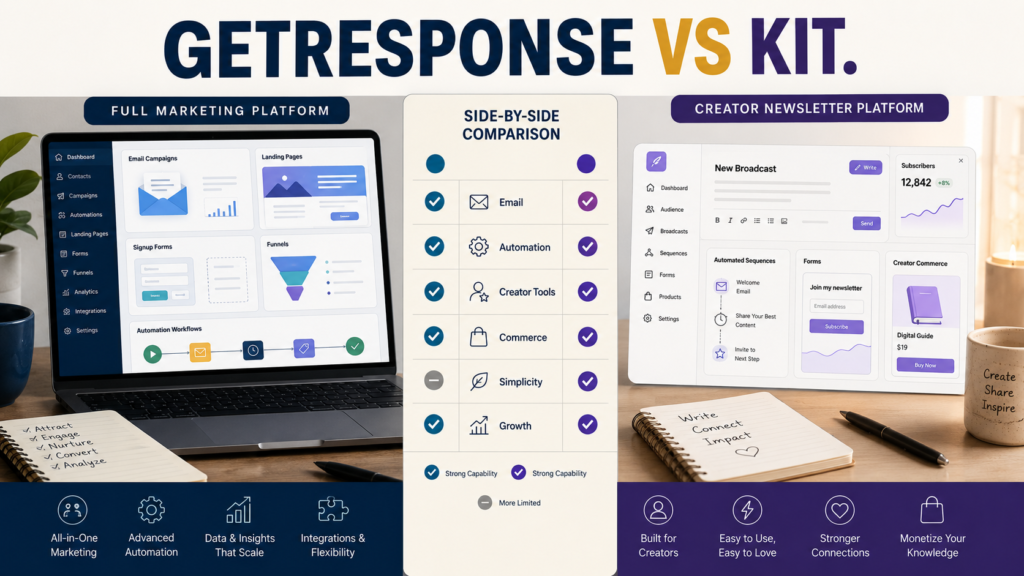 Side-by-side comparison of GetResponse-style marketing automation and Kit-style creator email marketing features.