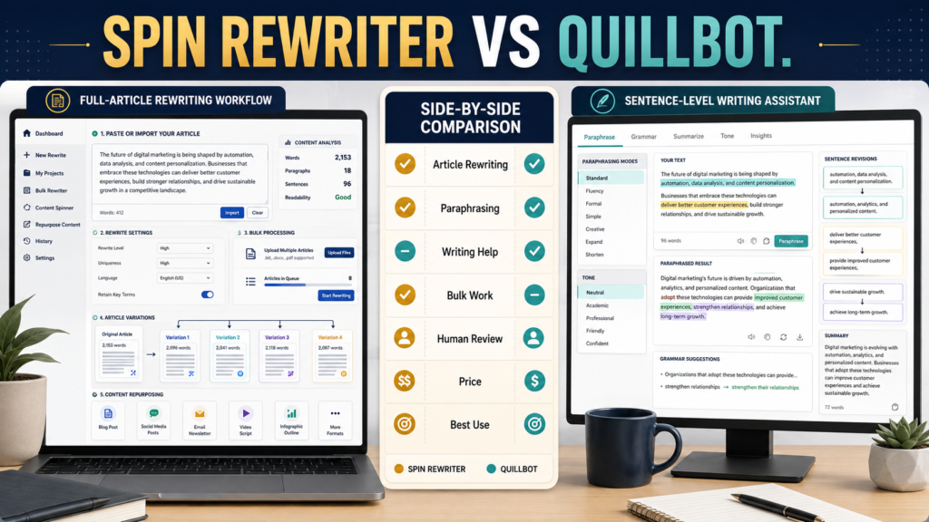 Comparison of a full-article rewriting workflow and a QuillBot-style paraphrasing and writing-assistance workflow.