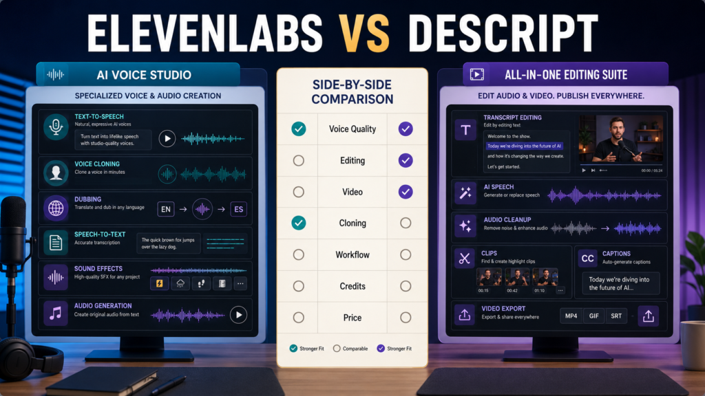 Comparison of specialized ElevenLabs-style AI voice generation and Descript-style transcript-based audio and video editing.