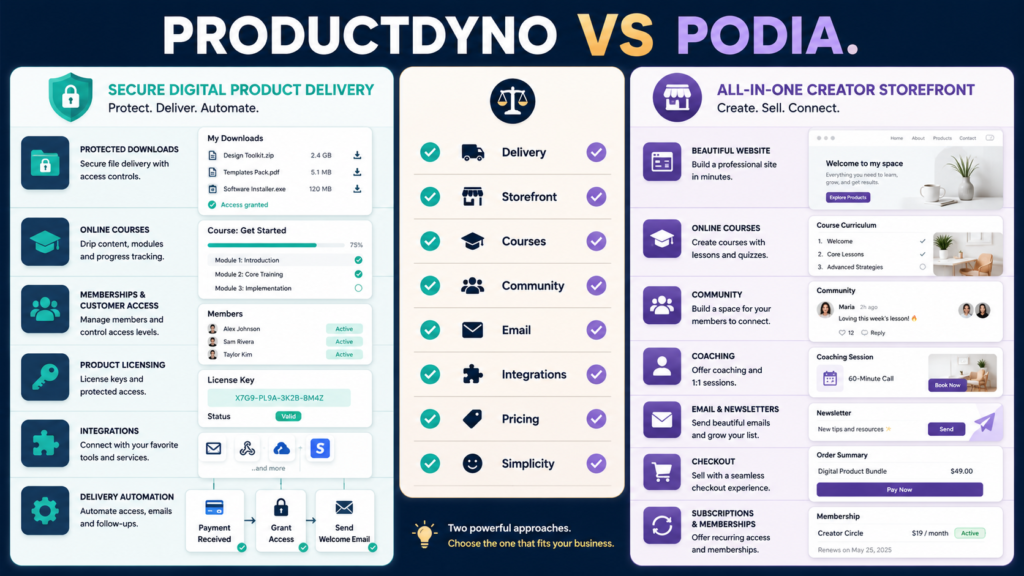 Comparison of ProductDyno-style secure digital-product delivery and Podia-style all-in-one creator business tools.
