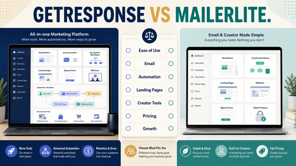 Comparison of GetResponse-style email marketing automation and MailerLite-style beginner-friendly email and creator tools.