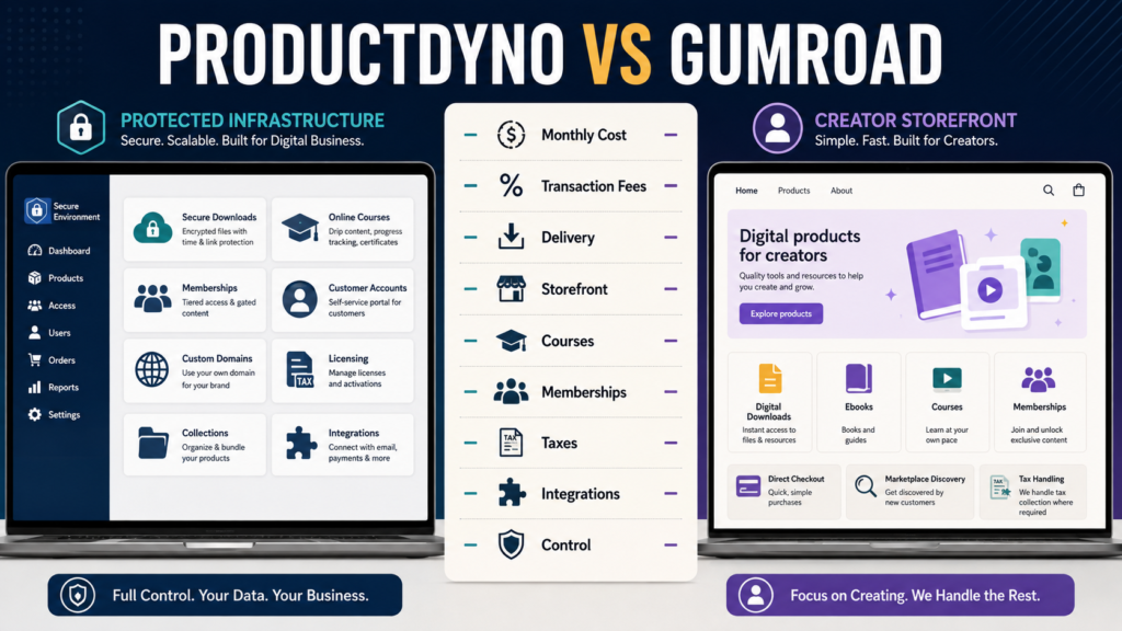 Comparison of ProductDyno-style protected digital-product delivery and Gumroad-style transaction-based creator selling.
