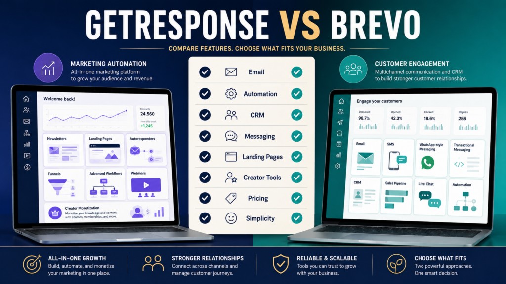 Comparison of GetResponse-style marketing automation and Brevo-style email, CRM, transactional messaging, and multichannel customer engagement.