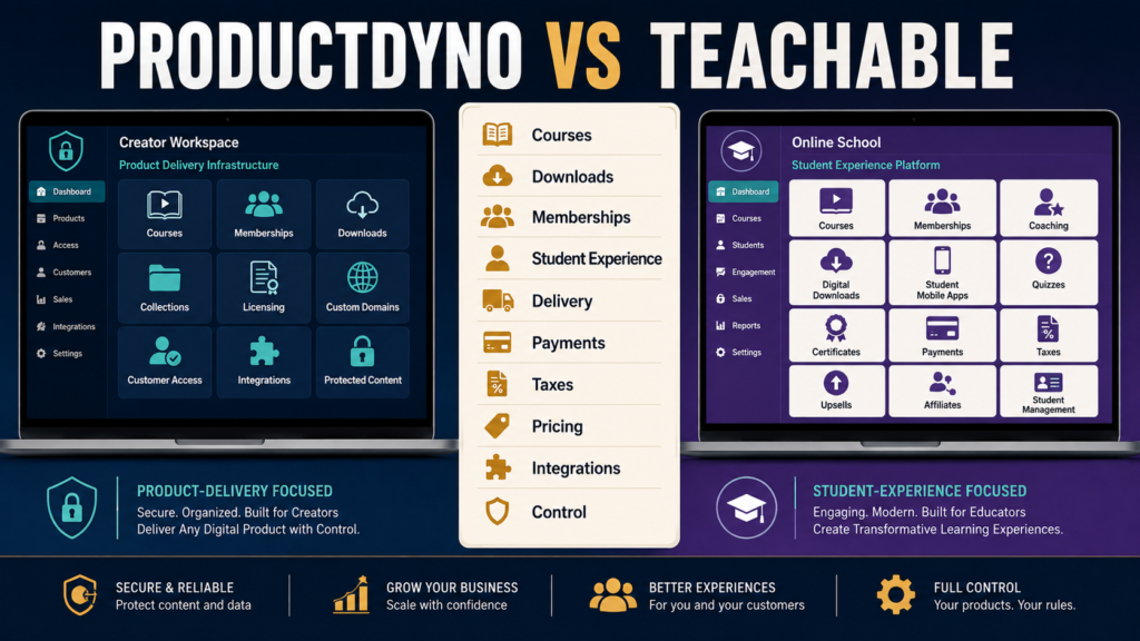 Comparison of ProductDyno-style digital-product delivery and Teachable-style online course and student management.