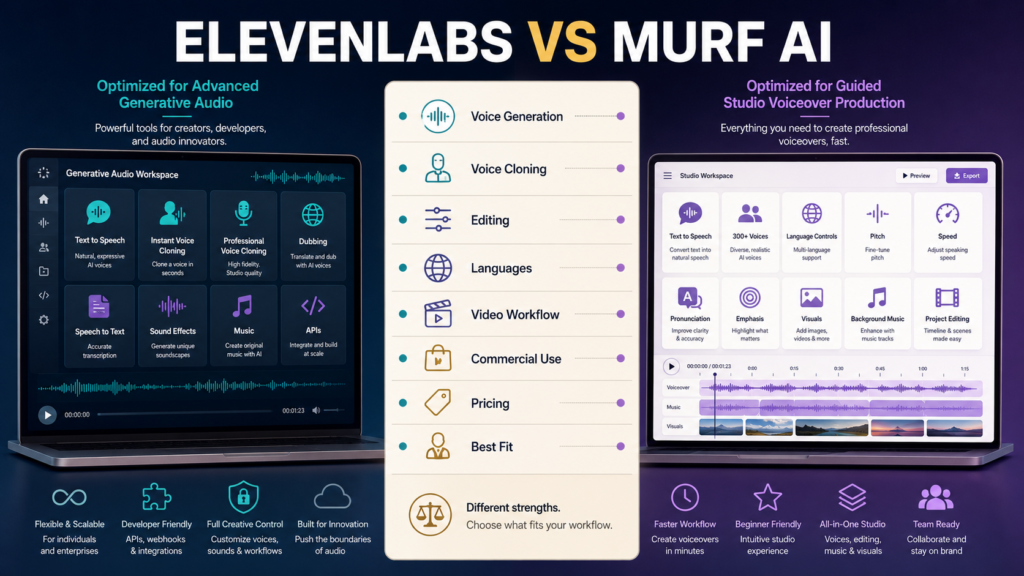 Comparison of ElevenLabs-style generative voice tools and Murf AI-style voiceover studio production for creators.