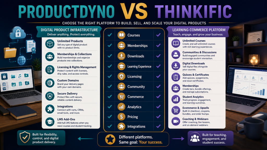 Comparison of ProductDyno digital-product delivery and Thinkific learning-commerce platform features.