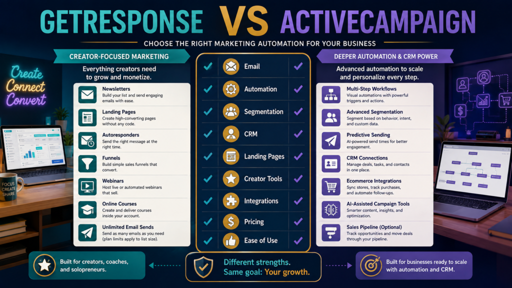Comparison of GetResponse creator-oriented email marketing and ActiveCampaign advanced marketing automation workflows.