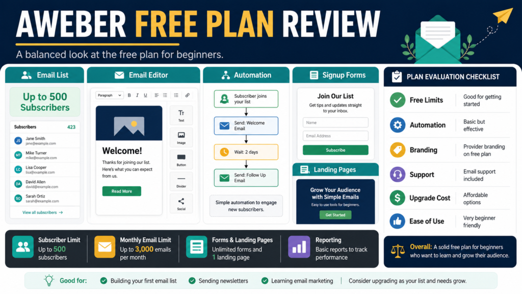 Beginner evaluating a free email-marketing plan with subscriber limits, monthly sends, automation, forms, landing pages, and support.