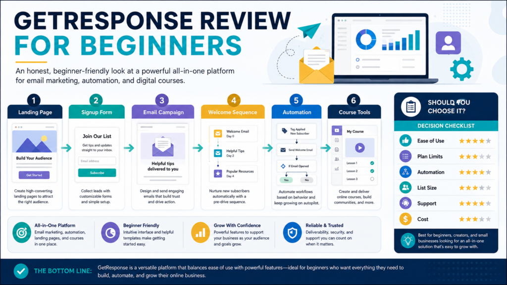 Beginner evaluating email campaigns, landing pages, forms, welcome sequences, automation, and course features in GetResponse.