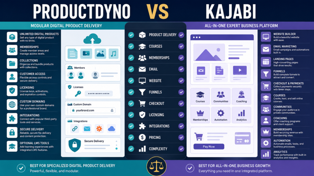 Comparison of ProductDyno modular digital-product delivery and Kajabi all-in-one expert-business platform.