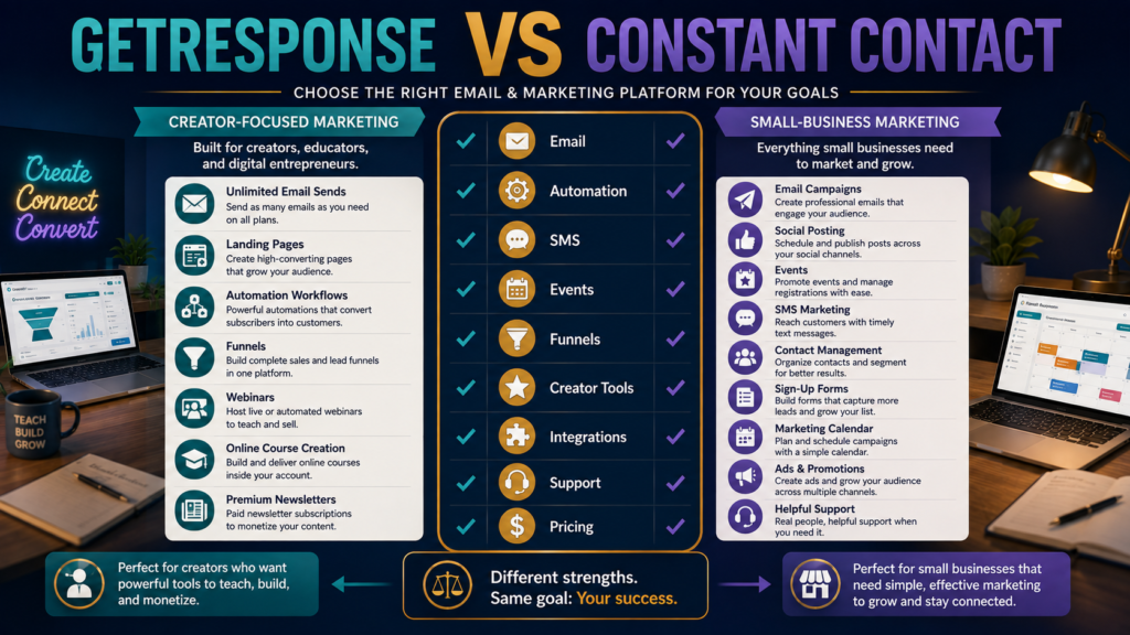 Comparison of GetResponse creator-focused email automation and Constant Contact small-business multichannel marketing features.