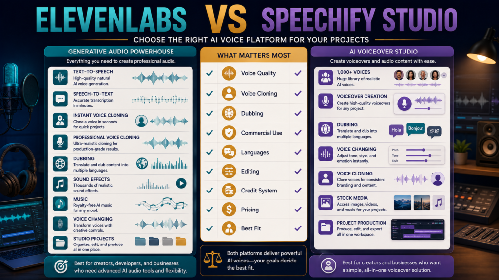 Comparison of ElevenLabs generative audio tools and Speechify Studio AI voiceover production features.