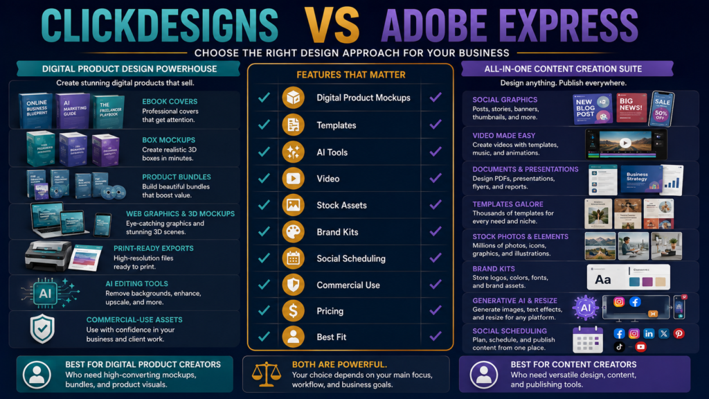 Comparison of ClickDesigns digital-product design and mockup tools with Adobe Express general content-creation tools.