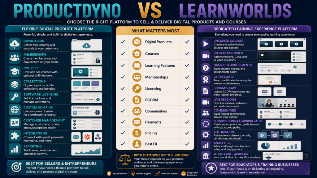 Comparison of ProductDyno digital-product delivery with LearnWorlds online learning and academy features.
