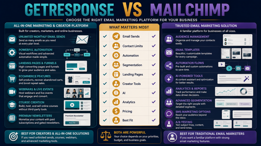 Comparison of GetResponse email automation and creator tools with Mailchimp email marketing, segmentation, automation, and analytics.