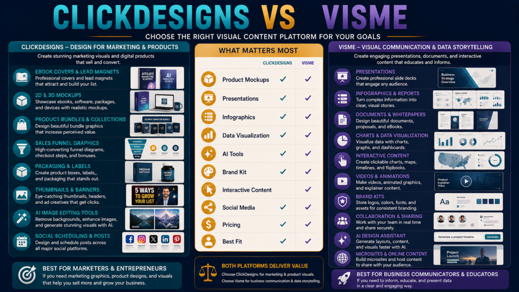 Comparison of ClickDesigns digital-product mockup and marketing graphics with Visme presentation, infographic, and visual communication tools.
