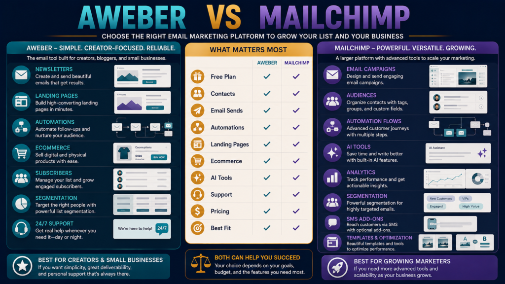 Comparison of AWeber beginner email marketing and Mailchimp marketing automation plans and features.