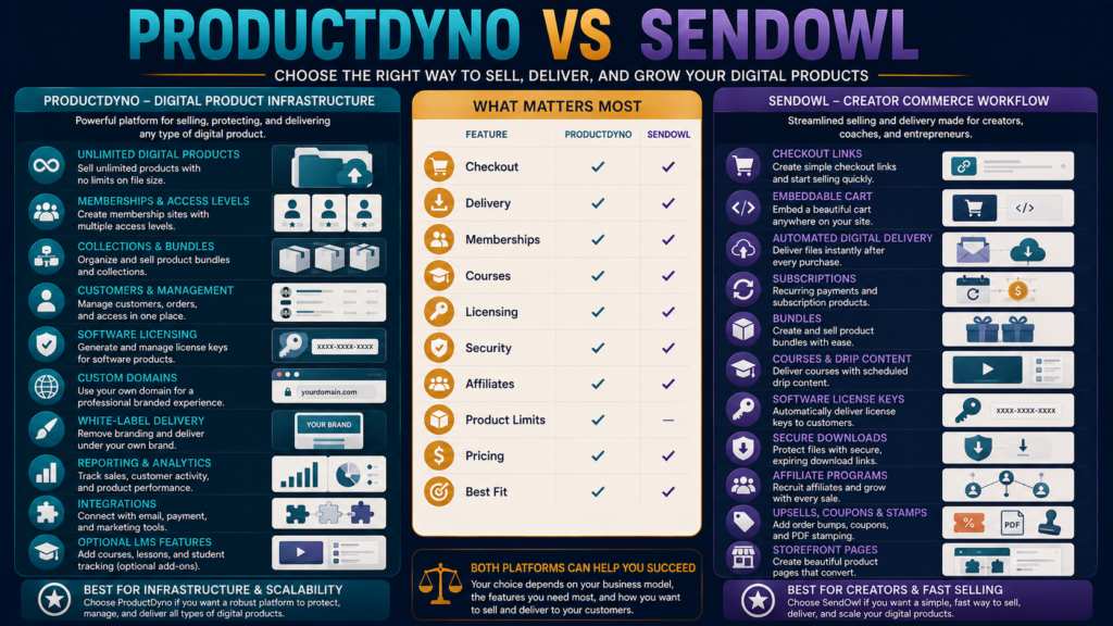 Comparison of ProductDyno digital-product infrastructure and SendOwl checkout and automated digital delivery features.