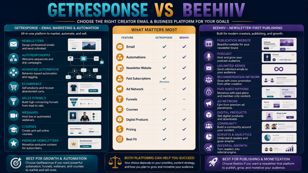 Comparison of GetResponse marketing automation and creator tools with beehiiv newsletter publishing, growth, and monetization features.
