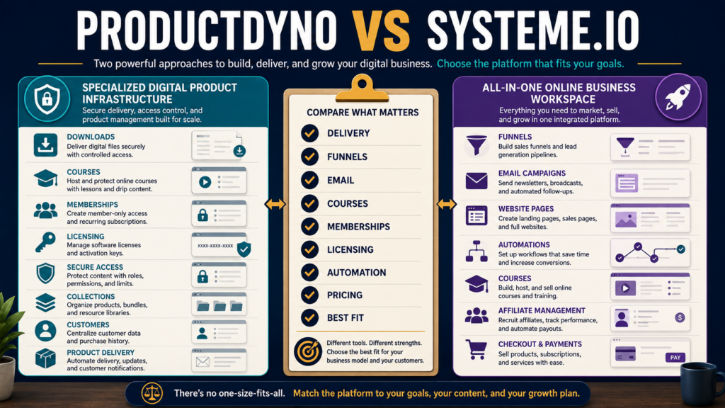 Comparison of ProductDyno and systeme.io for digital product delivery, courses, memberships, sales funnels, email marketing, automation, and licensing.