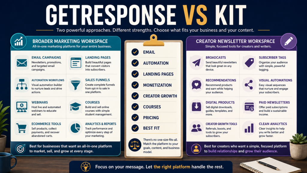 Comparison of GetResponse and Kit for email marketing, automation, newsletters, creator monetization, landing pages, and digital products.