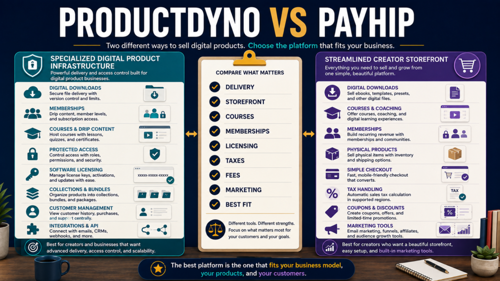 Comparison of ProductDyno and Payhip for digital product delivery, storefront selling, courses, memberships, licensing, tax handling, fees, and marketing.