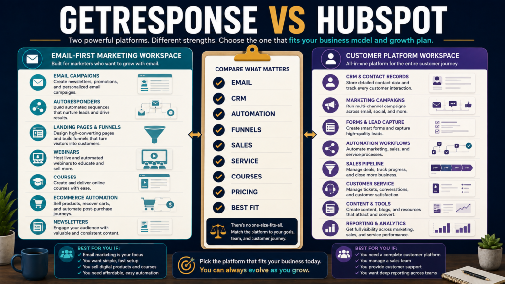Comparison of GetResponse and HubSpot for email marketing, CRM, automation, landing pages, sales tools, customer service, courses, and small-business needs.