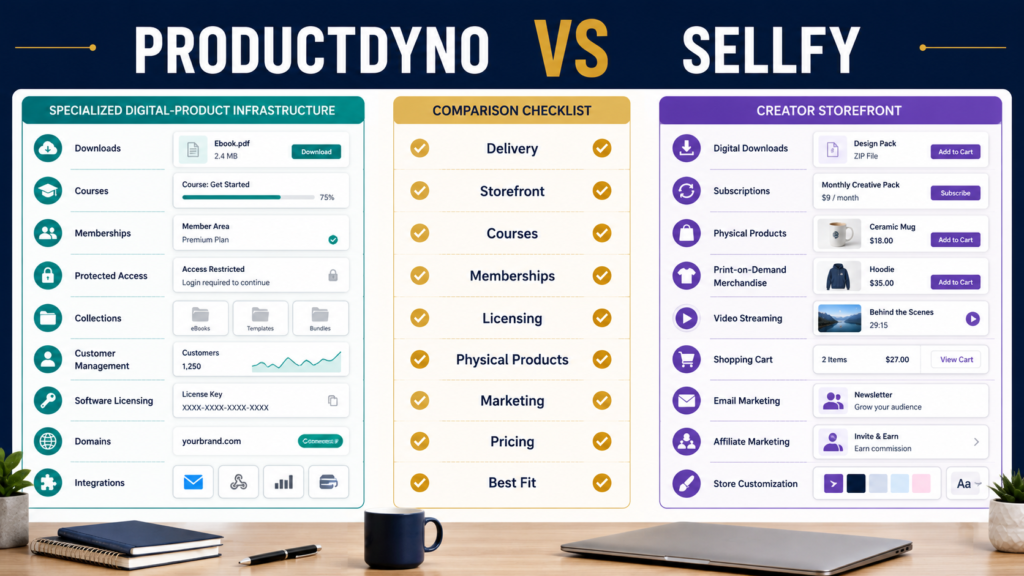 Comparison of ProductDyno and Sellfy for digital product delivery, storefronts, memberships, courses, licensing, subscriptions, physical products, marketing, and pricing.