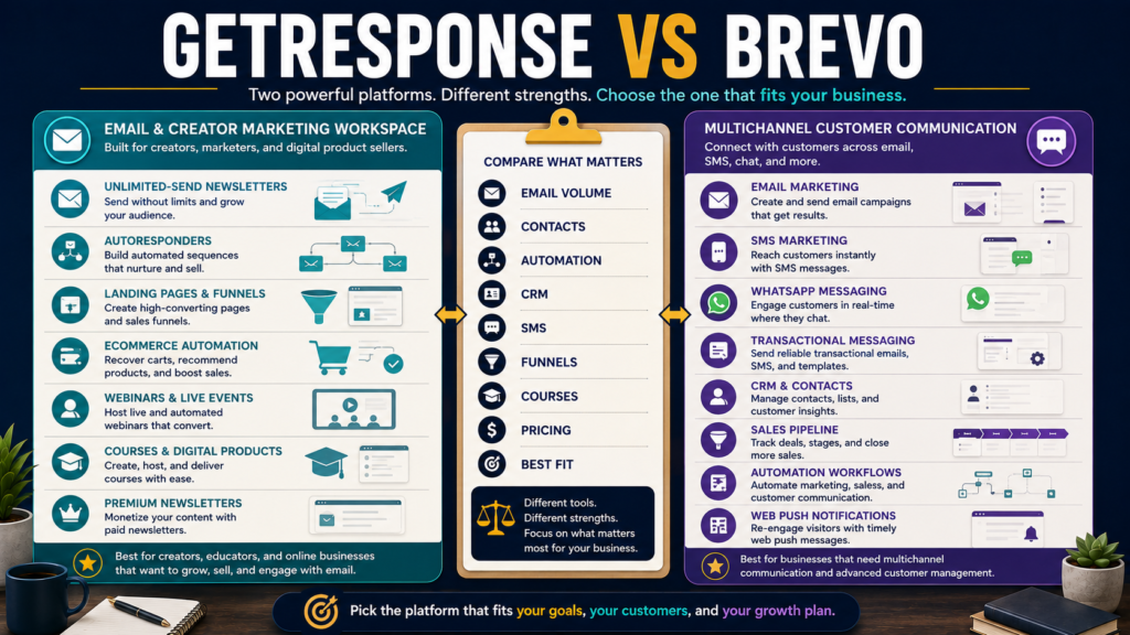 Comparison of GetResponse and Brevo for email volume, contacts, automation, CRM, multichannel messaging, funnels, courses, pricing, and small-business use.