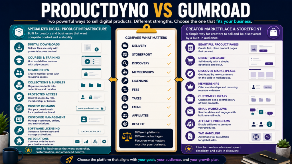 Comparison of ProductDyno and Gumroad for digital-product delivery, storefront selling, marketplace discovery, memberships, licensing, fees, tax handling, email, and affiliates.