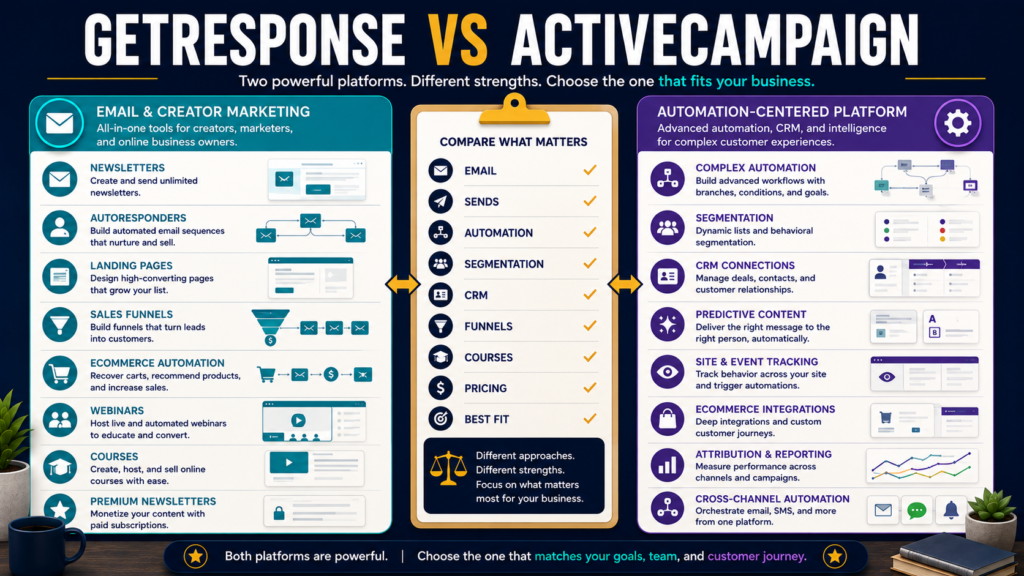 Comparison of GetResponse and ActiveCampaign for email marketing, sending limits, automation, segmentation, CRM, funnels, courses, pricing, and small-business use.