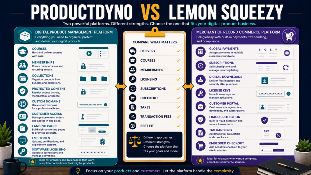 Comparison of ProductDyno and Lemon Squeezy for digital-product delivery, courses, memberships, licensing, subscriptions, checkout, tax handling, transaction fees, and software sales.
